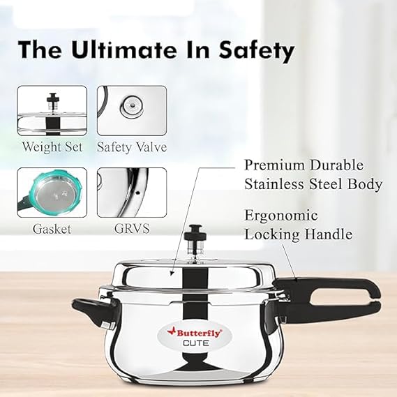 Butterfly Cute 5.5 Litres Stainless Steel Outer Lid Pressure Cooker with Glass Lid| TRIPLY Base - Alternate View